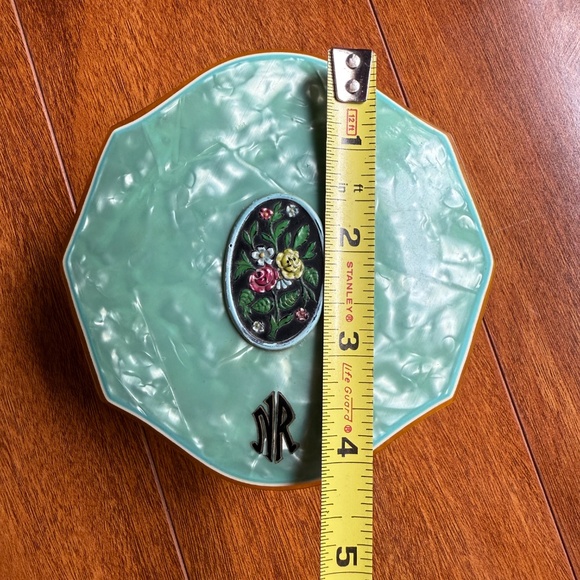 1930s Celluloid Art Deco Amber Blue Floral Powder Vanity Jar Trinket Box Jewelry - Picture 8 of 11